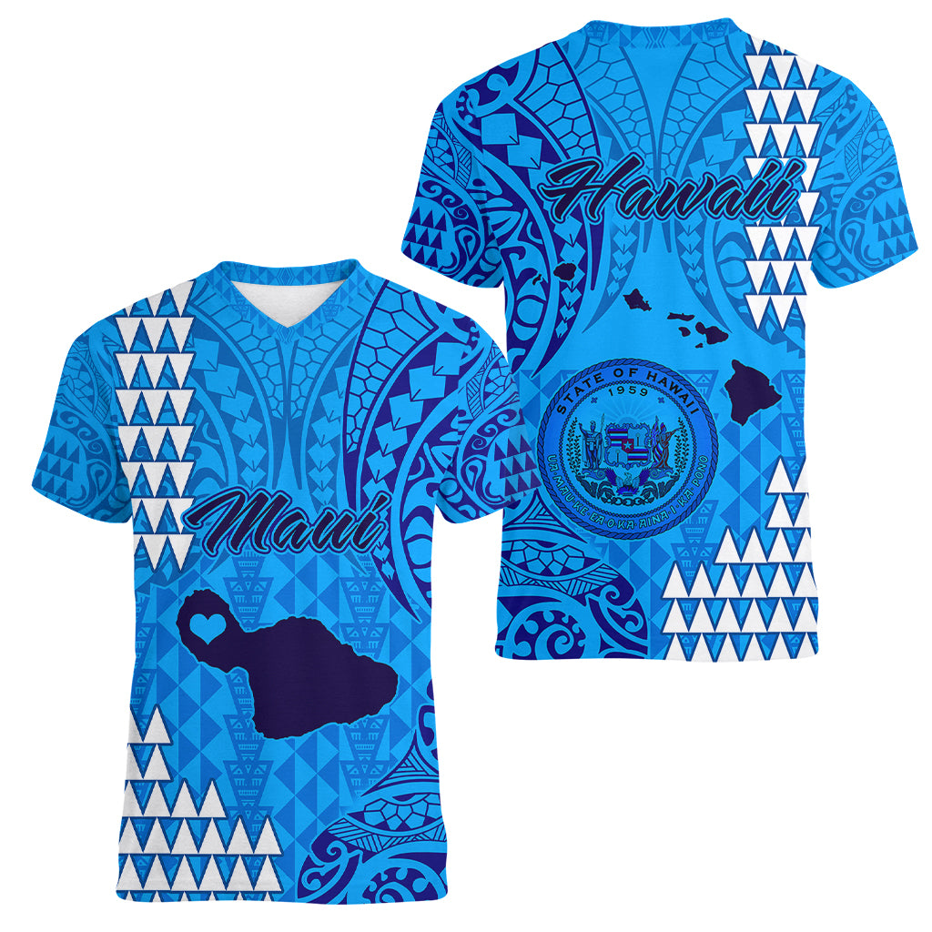 Maui Island Women V Neck T Shirt Kakau Tribal Mixed Polynesian Pattern Blue LT9 - Polynesian Pride