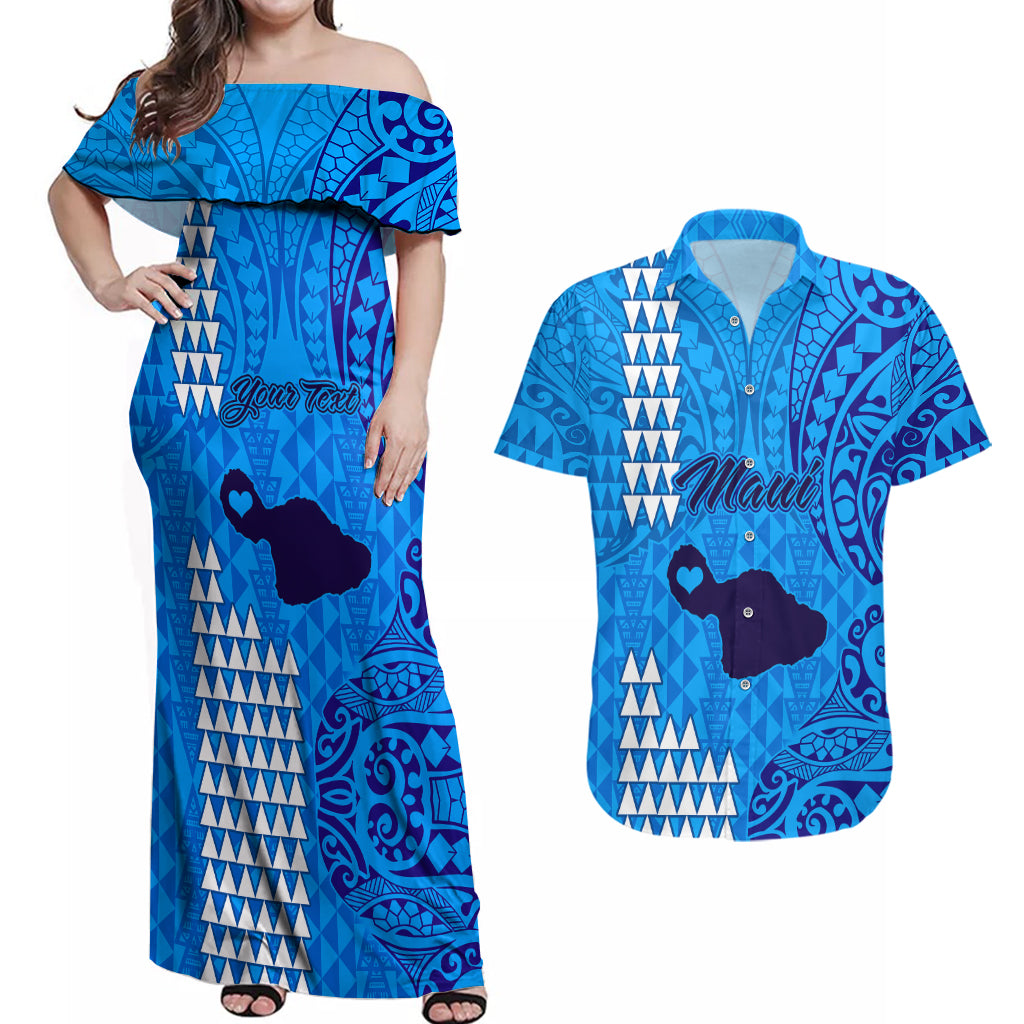 Personalised Maui Island Couples Matching Off Shoulder Maxi Dress and Hawaiian Shirt Kakau Tribal Mixed Polynesian Pattern Blue LT9 Blue - Polynesian Pride