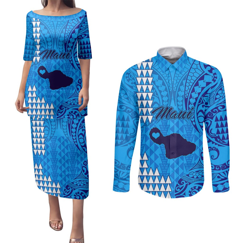 Personalised Maui Island Couples Matching Puletasi Dress and Long Sleeve Button Shirts Kakau Tribal Mixed Polynesian Pattern Blue LT9 Blue - Polynesian Pride
