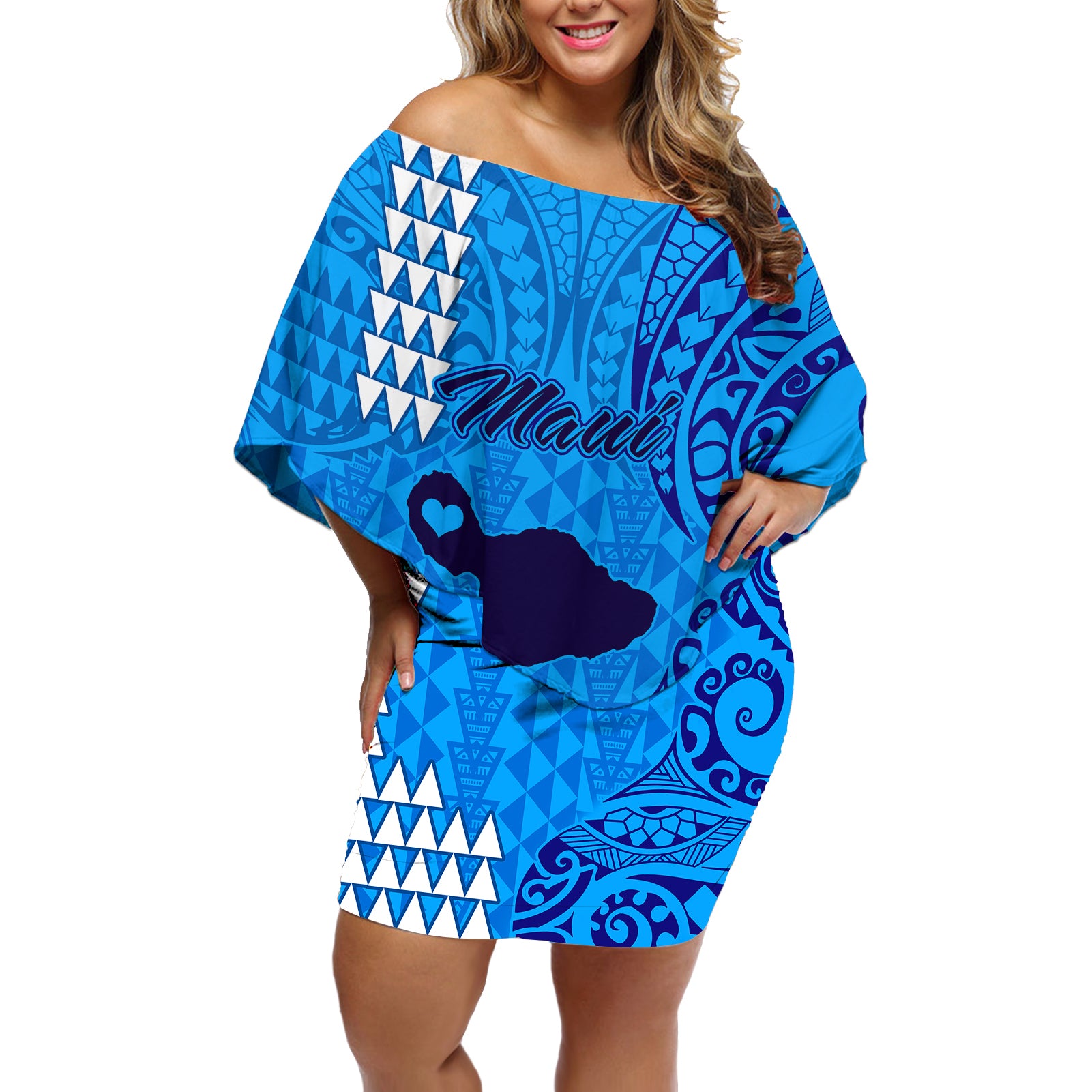 Personalised Maui Island Off Shoulder Short Dress Kakau Tribal Mixed Polynesian Pattern Blue LT9 Women Blue - Polynesian Pride