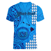 Personalised Maui Island Women V Neck T Shirt Kakau Tribal Mixed Polynesian Pattern Blue LT9 - Polynesian Pride