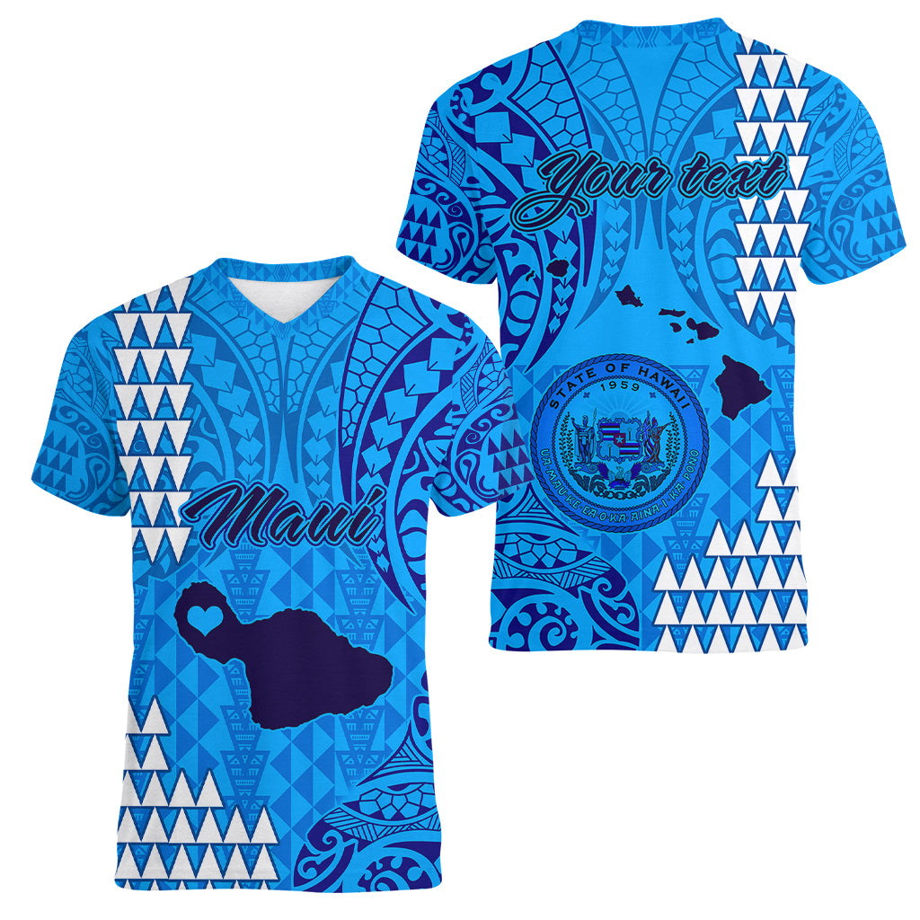 Personalised Maui Island Women V Neck T Shirt Kakau Tribal Mixed Polynesian Pattern Blue LT9 - Polynesian Pride
