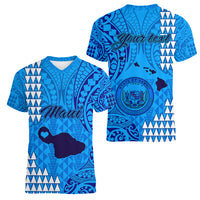 Personalised Maui Island Women V Neck T Shirt Kakau Tribal Mixed Polynesian Pattern Blue LT9 - Polynesian Pride