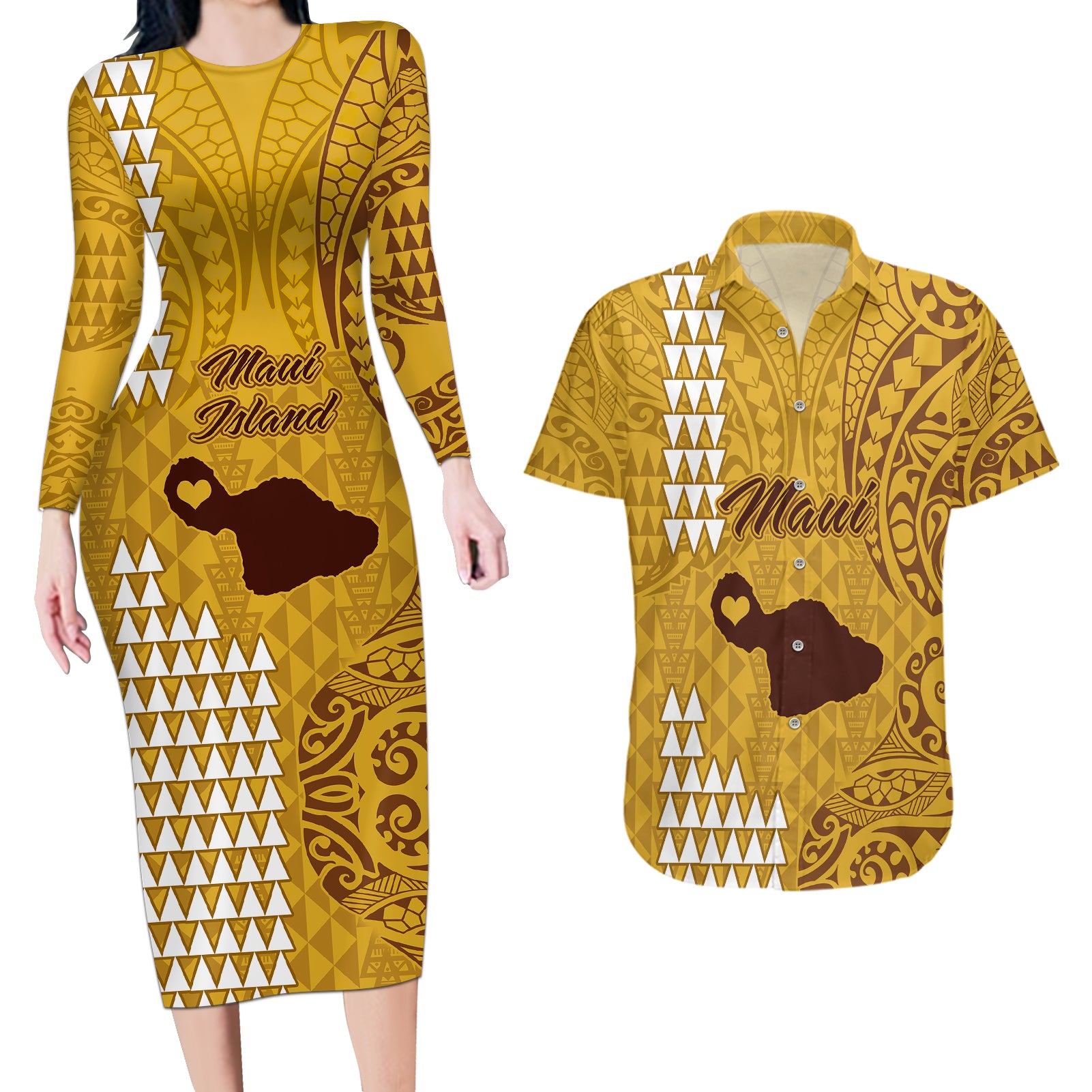 Maui Island Couples Matching Long Sleeve Bodycon Dress and Hawaiian Shirt Kakau Tribal Mixed Polynesian Pattern Gold LT9 Gold - Polynesian Pride