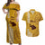 Maui Island Couples Matching Off Shoulder Maxi Dress and Hawaiian Shirt Kakau Tribal Mixed Polynesian Pattern Gold LT9 Gold - Polynesian Pride