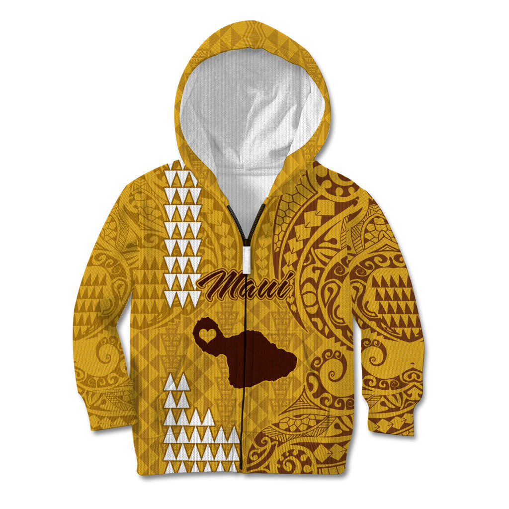 Maui Island Kid Hoodie Kakau Tribal Mixed Polynesian Pattern Gold LT9 Zip Hoodie Gold - Polynesian Pride