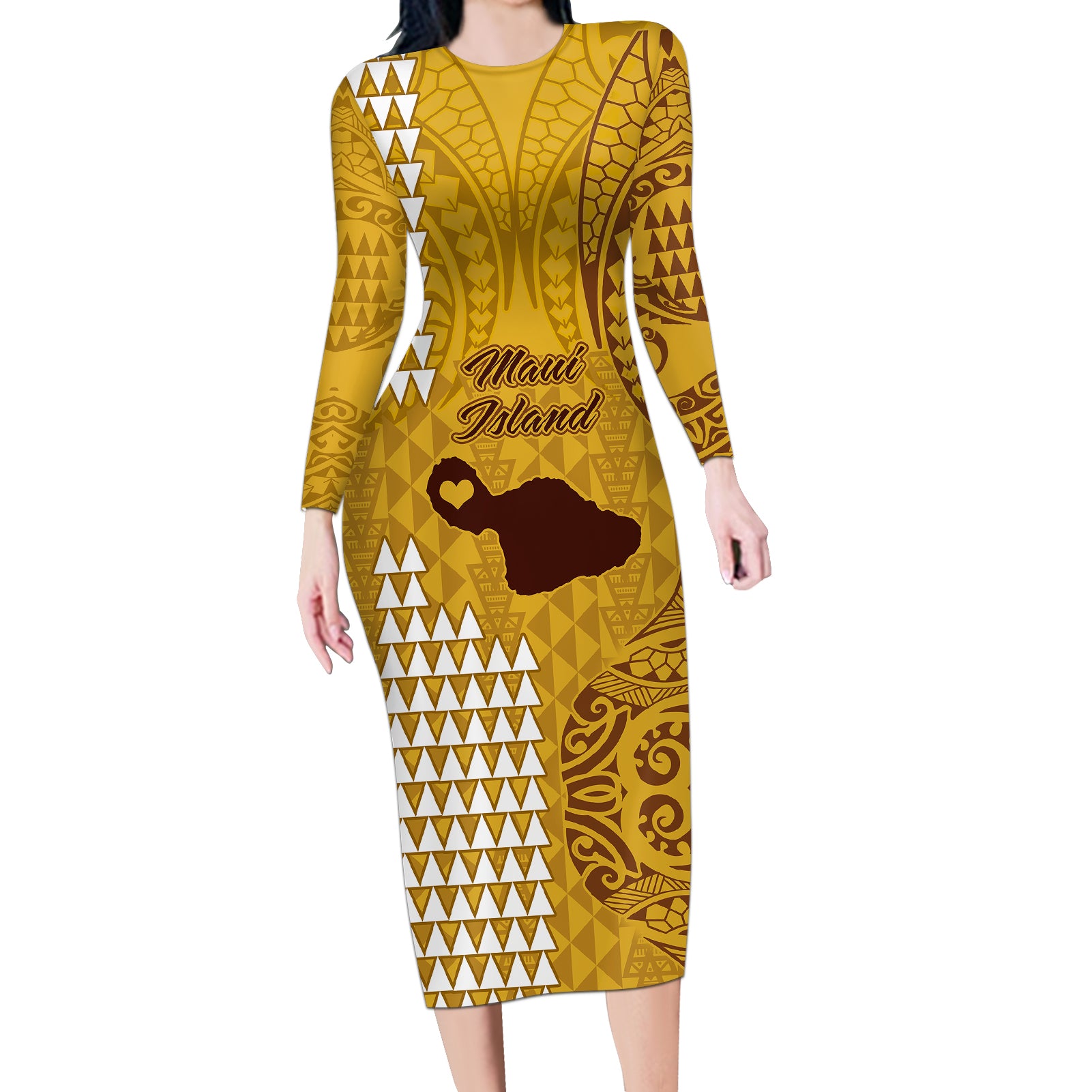 Maui Island Long Sleeve Bodycon Dress Kakau Tribal Mixed Polynesian Pattern Gold LT9 Long Dress Gold - Polynesian Pride