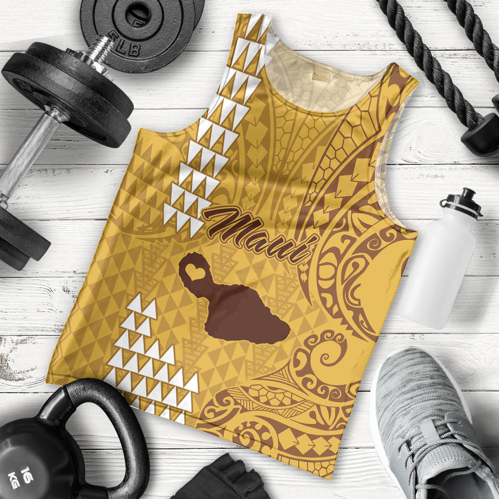Maui Island Men Tank Top Kakau Tribal Mixed Polynesian Pattern Gold LT9 Gold - Polynesian Pride