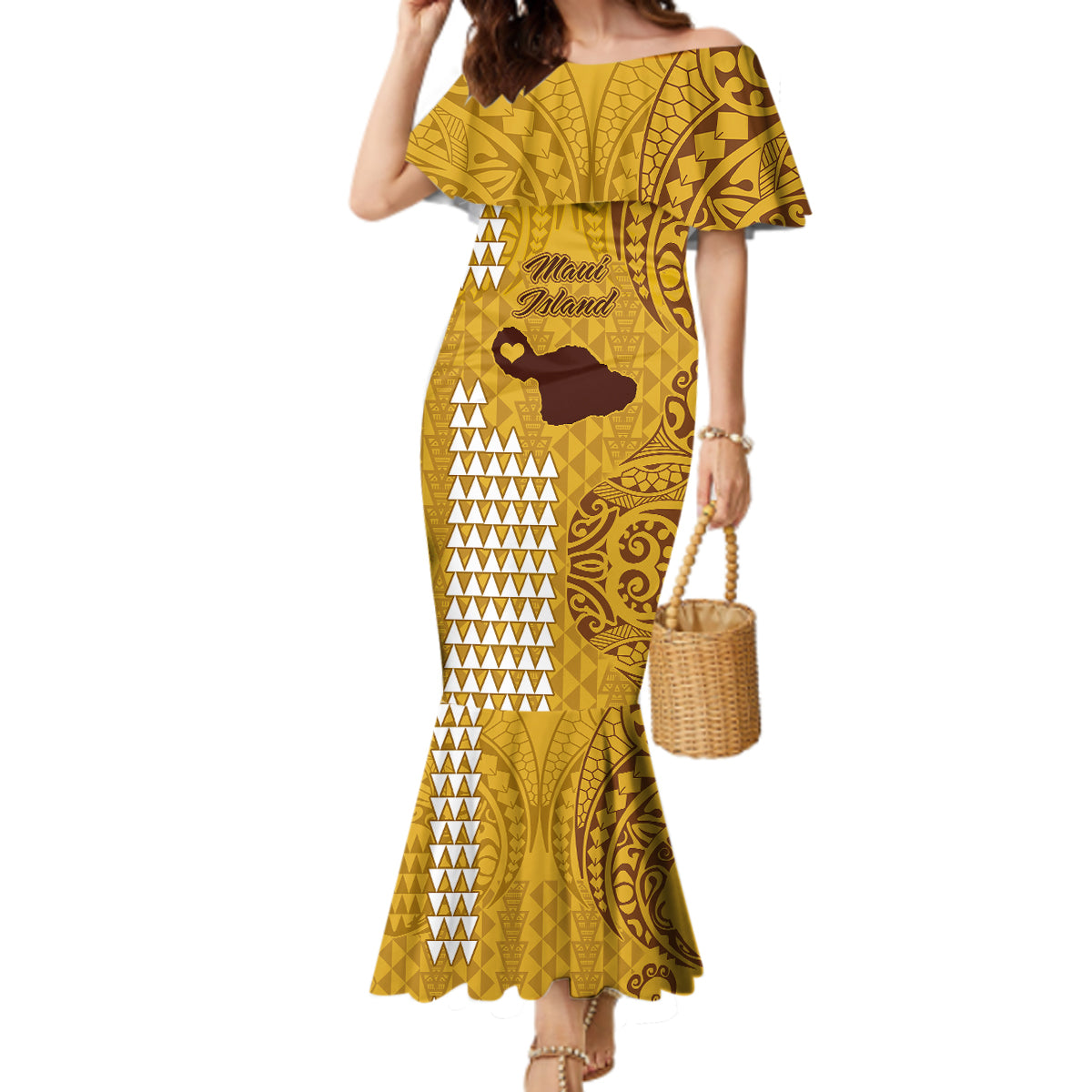 Maui Island Mermaid Dress Kakau Tribal Mixed Polynesian Pattern Gold LT9 Women Gold - Polynesian Pride