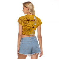 Maui Island Raglan Cropped T Shirt Kakau Tribal Mixed Polynesian Pattern Gold LT9 - Polynesian Pride