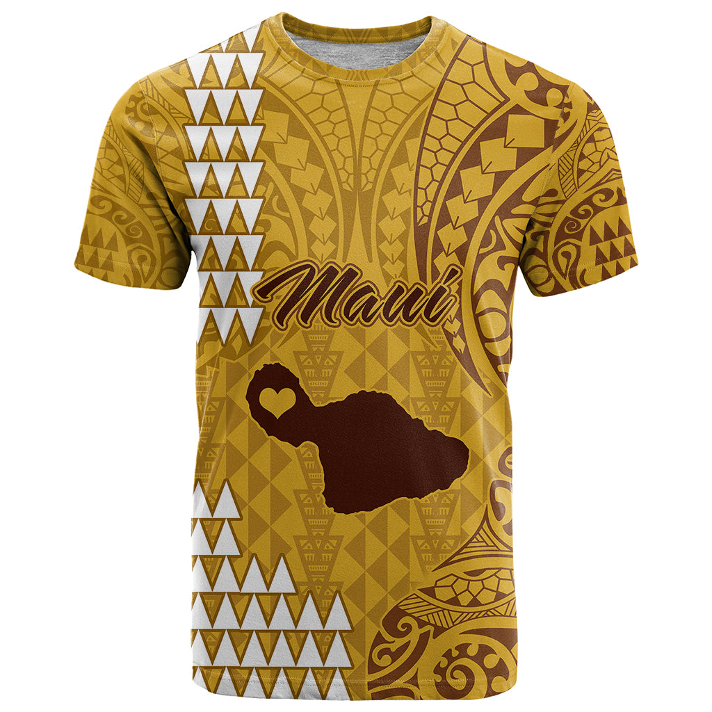 Maui Island T Shirt Kakau Tribal Mixed Polynesian Pattern Gold LT9 Gold - Polynesian Pride