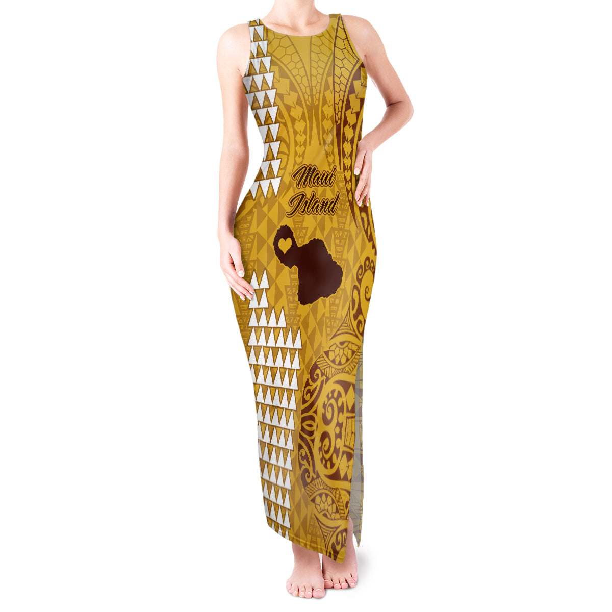 Maui Island Tank Maxi Dress Kakau Tribal Mixed Polynesian Pattern Gold LT9 Women Gold - Polynesian Pride