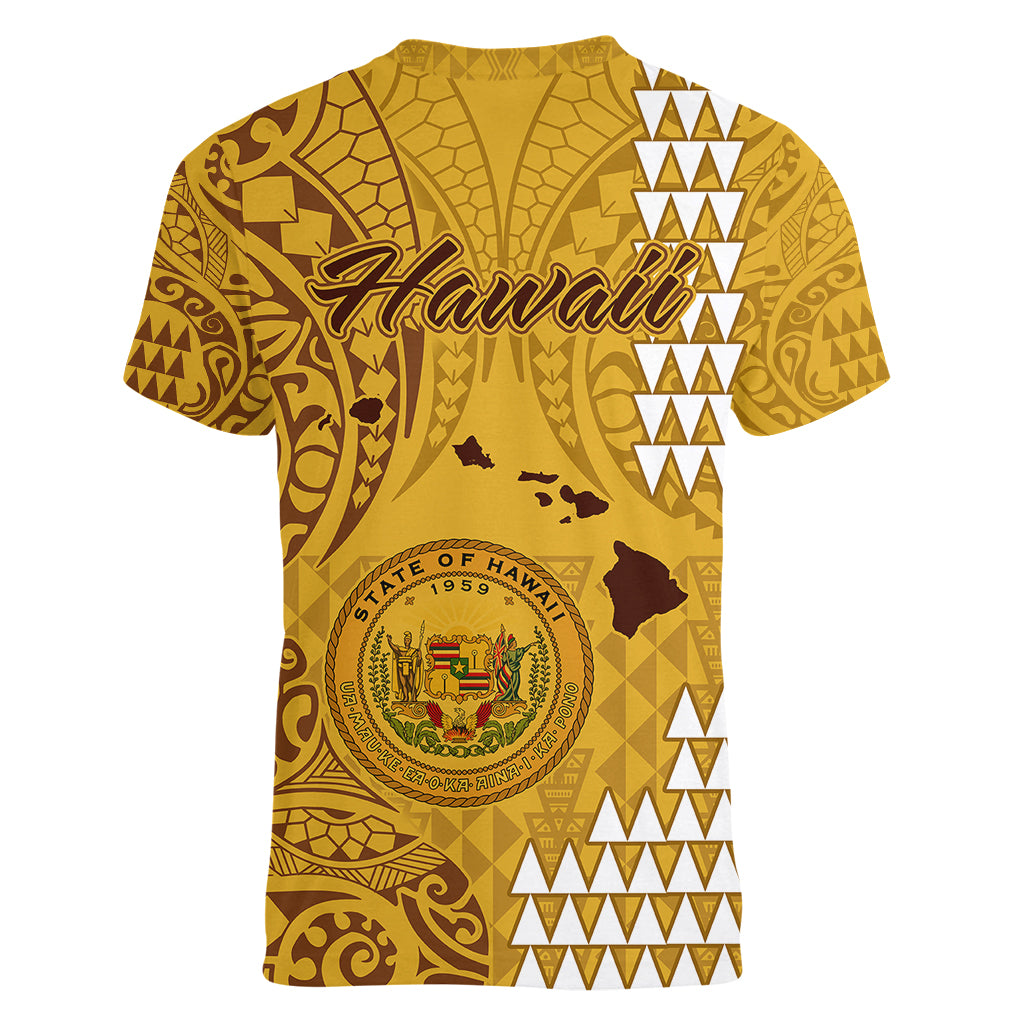 Maui Island Women V Neck T Shirt Kakau Tribal Mixed Polynesian Pattern Gold LT9 - Polynesian Pride