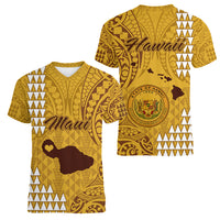 Maui Island Women V Neck T Shirt Kakau Tribal Mixed Polynesian Pattern Gold LT9 - Polynesian Pride