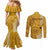 Personalised Maui Island Couples Matching Mermaid Dress and Long Sleeve Button Shirts Kakau Tribal Mixed Polynesian Pattern Gold LT9 - Polynesian Pride
