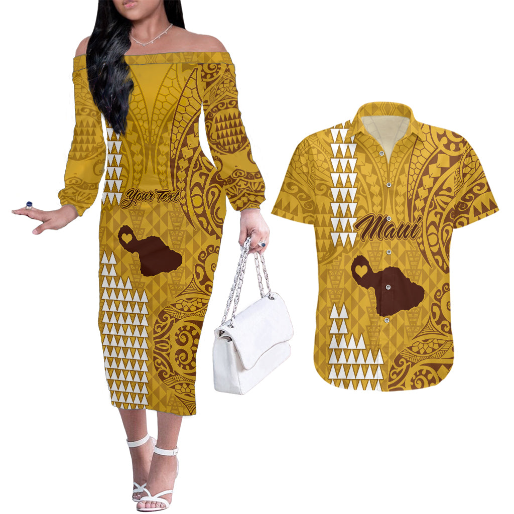 Personalised Maui Island Couples Matching Off The Shoulder Long Sleeve Dress and Hawaiian Shirt Kakau Tribal Mixed Polynesian Pattern Gold LT9 Gold - Polynesian Pride