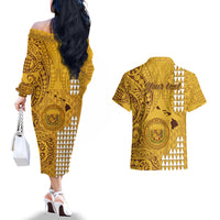 Personalised Maui Island Couples Matching Off The Shoulder Long Sleeve Dress and Hawaiian Shirt Kakau Tribal Mixed Polynesian Pattern Gold LT9 - Polynesian Pride