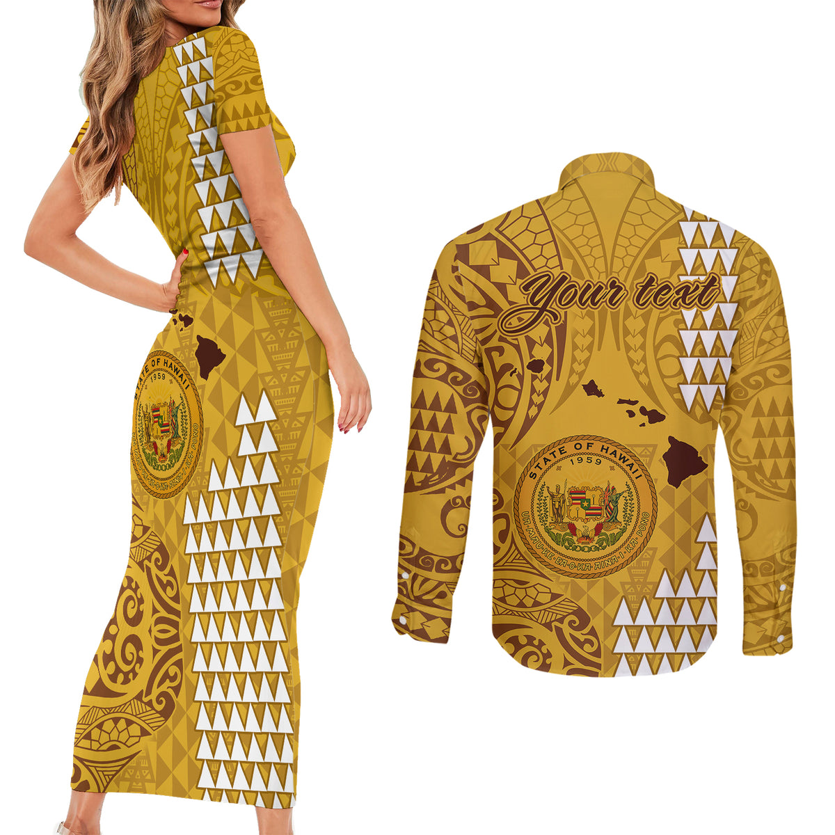 Personalised Maui Island Couples Matching Short Sleeve Bodycon Dress and Long Sleeve Button Shirts Kakau Tribal Mixed Polynesian Pattern Gold LT9 - Polynesian Pride