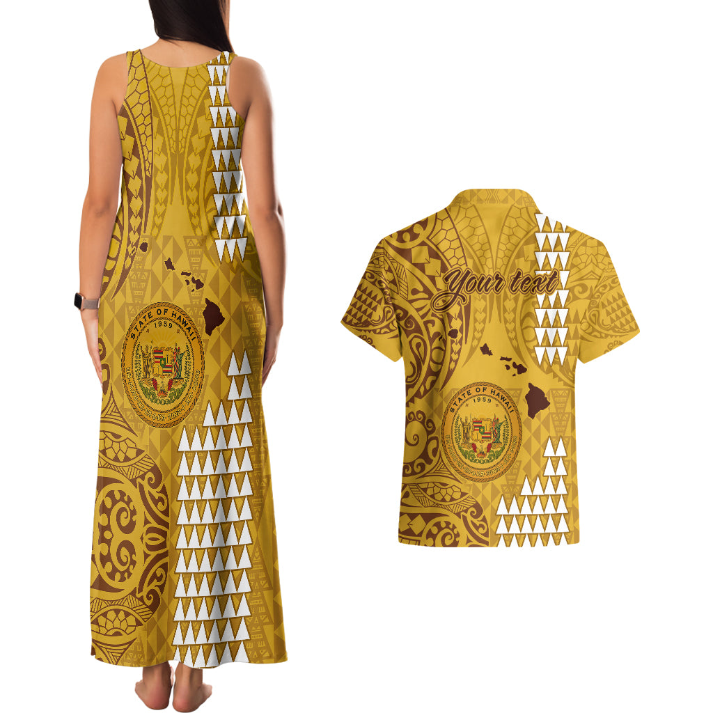 Personalised Maui Island Couples Matching Tank Maxi Dress and Hawaiian Shirt Kakau Tribal Mixed Polynesian Pattern Gold LT9 - Polynesian Pride