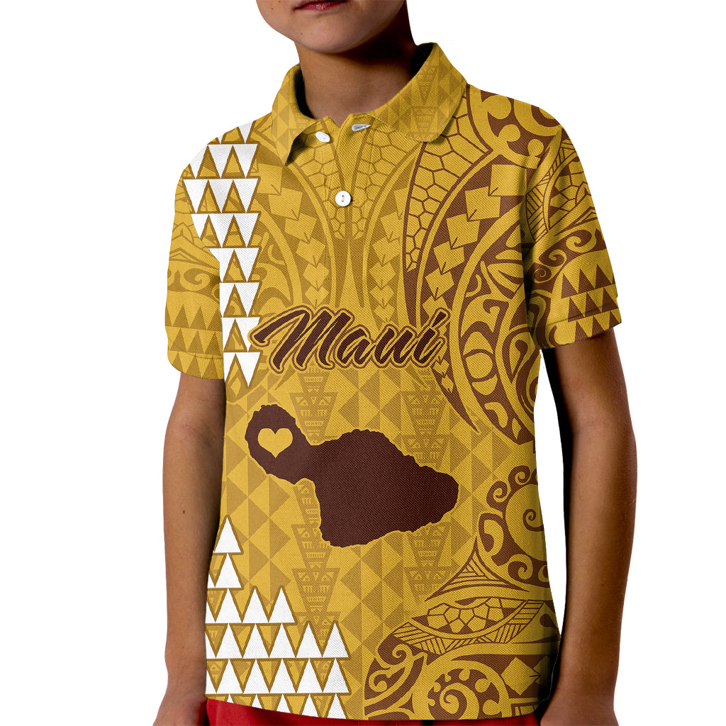 Personalised Maui Island Kid Polo Shirt Kakau Tribal Mixed Polynesian Pattern Gold LT9 Kid Gold - Polynesian Pride
