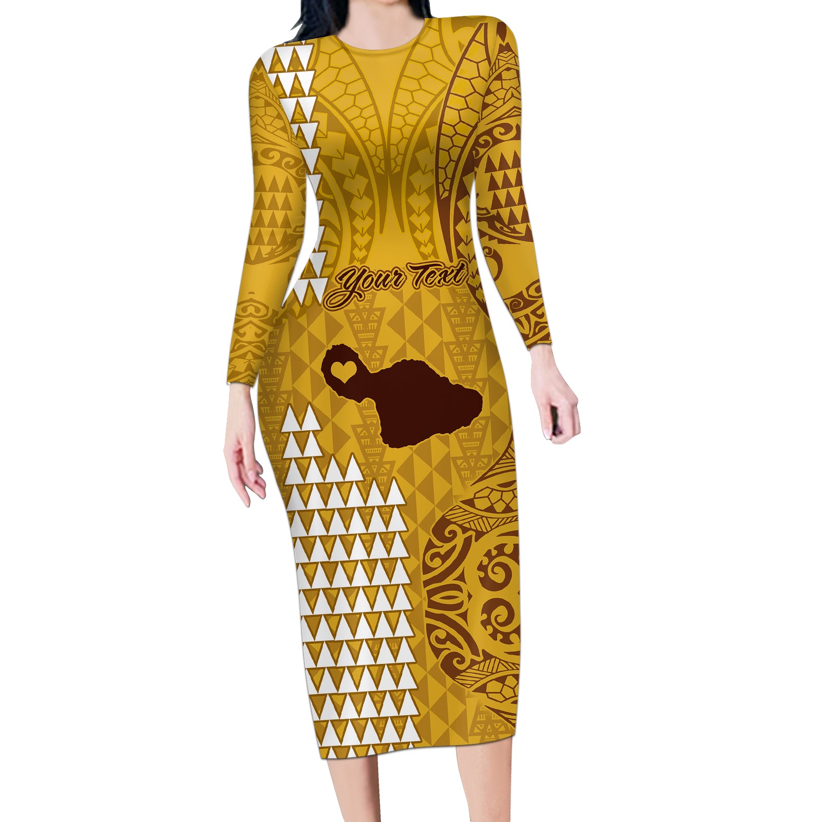 Personalised Maui Island Long Sleeve Bodycon Dress Kakau Tribal Mixed Polynesian Pattern Gold LT9 Long Dress Gold - Polynesian Pride