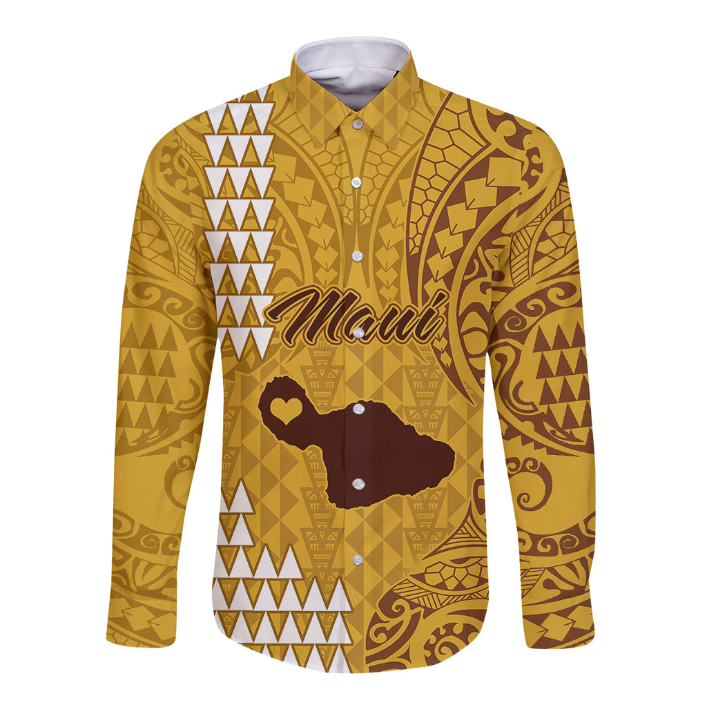 Personalised Maui Island Long Sleeve Button Shirt Kakau Tribal Mixed Polynesian Pattern Gold LT9 Unisex Gold - Polynesian Pride
