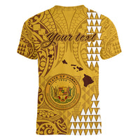 Personalised Maui Island Women V Neck T Shirt Kakau Tribal Mixed Polynesian Pattern Gold LT9 - Polynesian Pride
