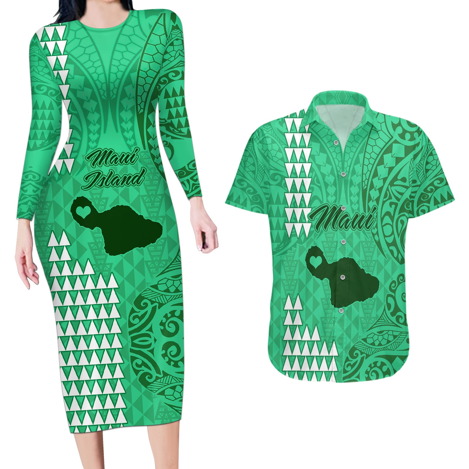 Maui Island Couples Matching Long Sleeve Bodycon Dress and Hawaiian Shirt Kakau Tribal Mixed Polynesian Pattern Green LT9 Green - Polynesian Pride