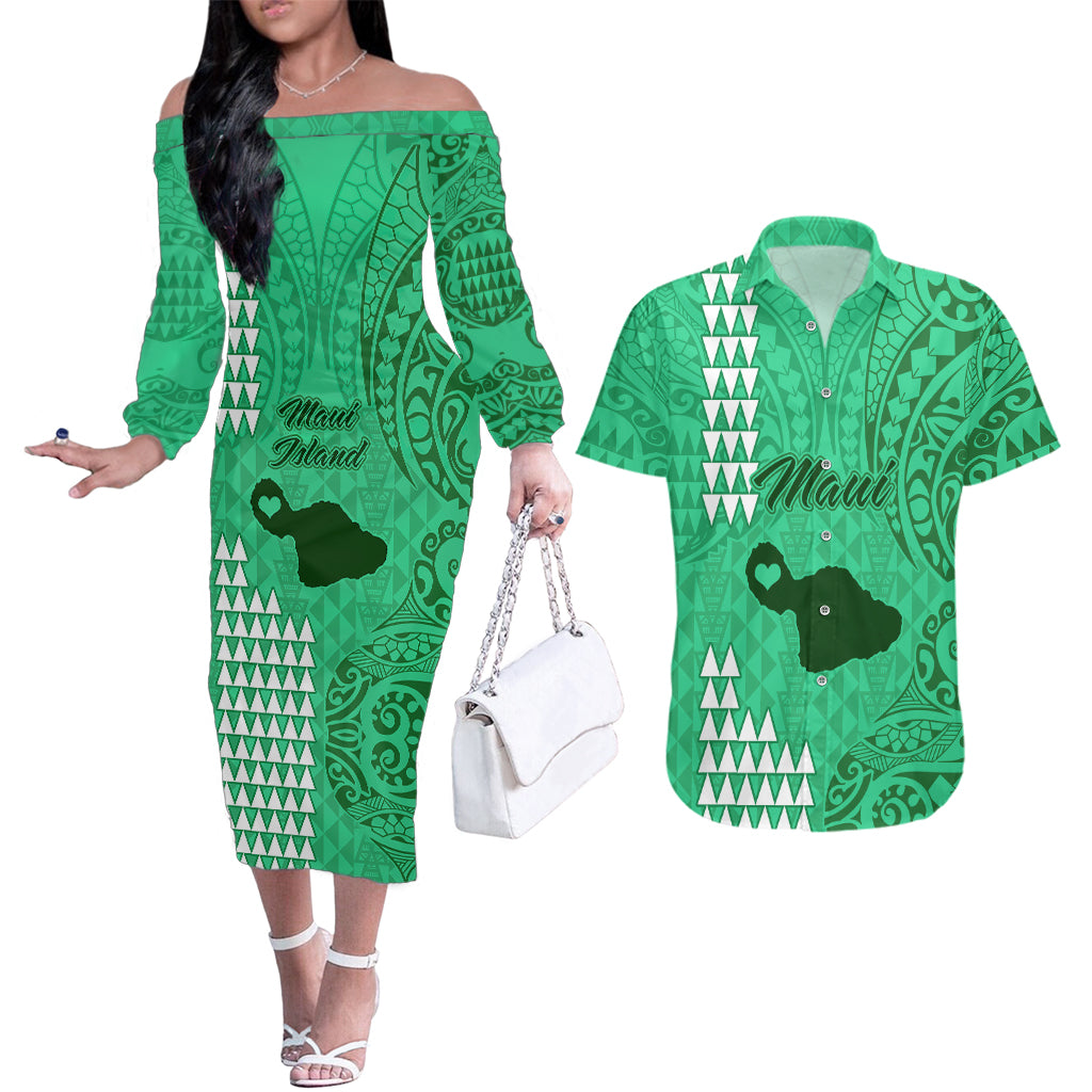 Maui Island Couples Matching Off The Shoulder Long Sleeve Dress and Hawaiian Shirt Kakau Tribal Mixed Polynesian Pattern Green LT9 Green - Polynesian Pride