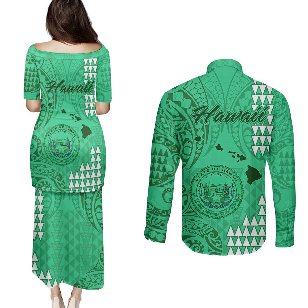 Maui Island Couples Matching Puletasi Dress and Long Sleeve Button Shirts Kakau Tribal Mixed Polynesian Pattern Green LT9 - Polynesian Pride
