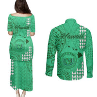 Maui Island Couples Matching Puletasi Dress and Long Sleeve Button Shirts Kakau Tribal Mixed Polynesian Pattern Green LT9 - Polynesian Pride