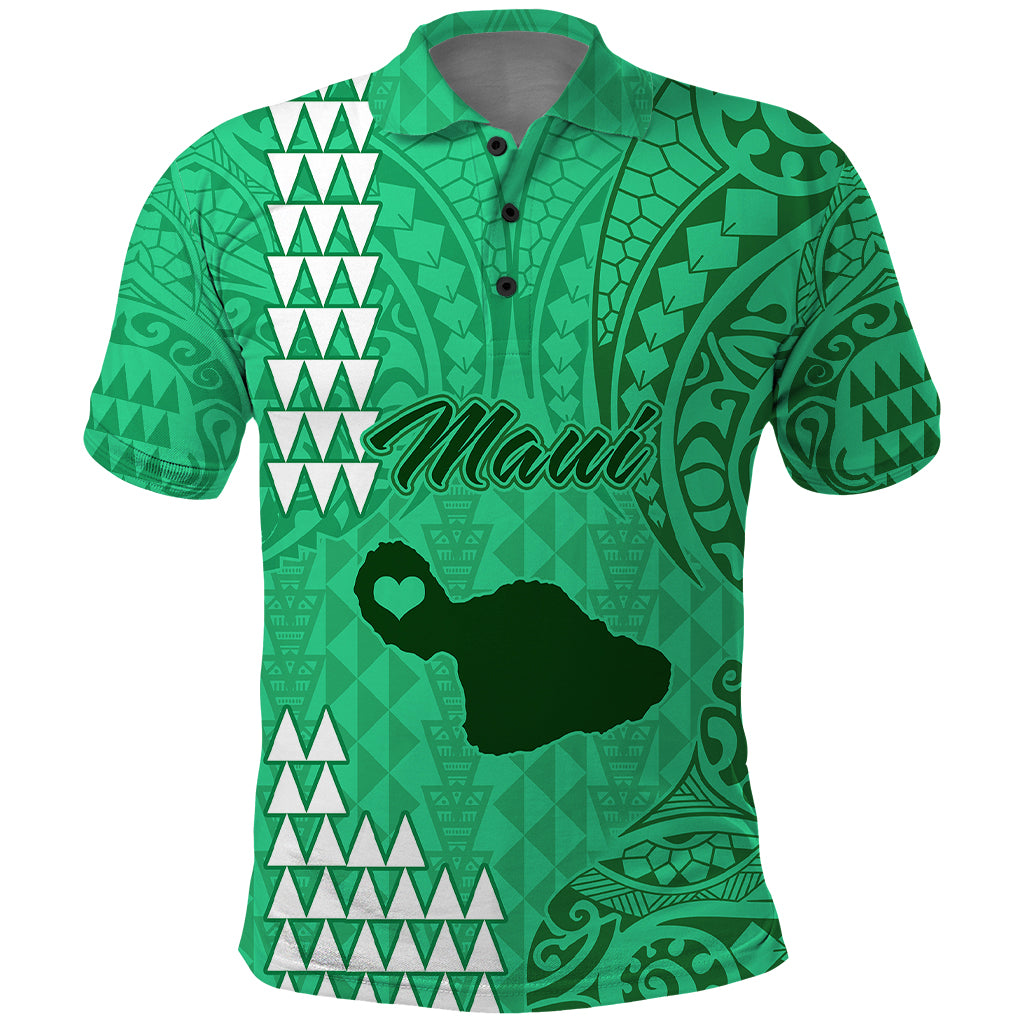 Maui Island Polo Shirt Kakau Tribal Mixed Polynesian Pattern Green LT9 Green - Polynesian Pride