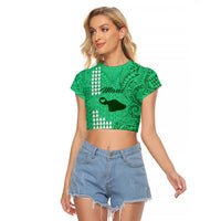 Maui Island Raglan Cropped T Shirt Kakau Tribal Mixed Polynesian Pattern Green LT9 Female Green - Polynesian Pride