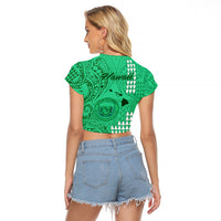 Maui Island Raglan Cropped T Shirt Kakau Tribal Mixed Polynesian Pattern Green LT9 - Polynesian Pride