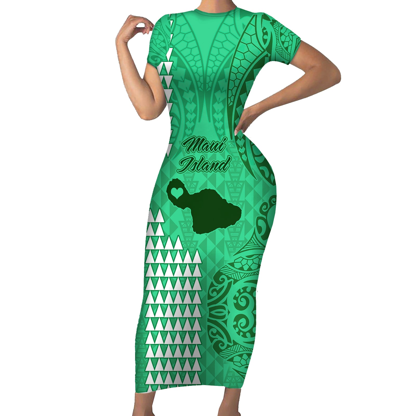 Maui Island Short Sleeve Bodycon Dress Kakau Tribal Mixed Polynesian Pattern Green LT9 Long Dress Green - Polynesian Pride