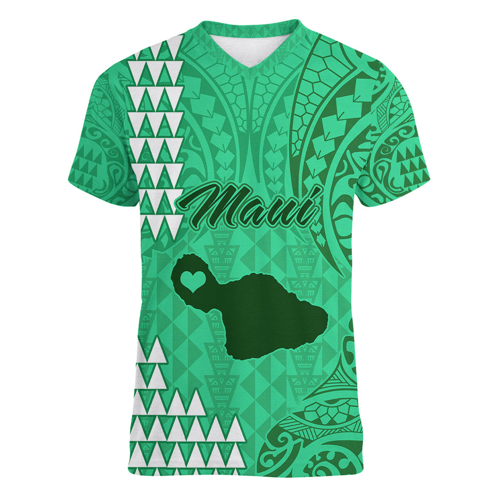 Maui Island Women V Neck T Shirt Kakau Tribal Mixed Polynesian Pattern Green LT9 Female Green - Polynesian Pride