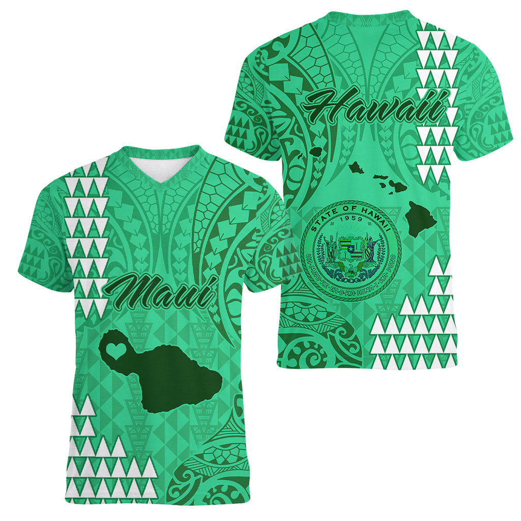 Maui Island Women V Neck T Shirt Kakau Tribal Mixed Polynesian Pattern Green LT9 - Polynesian Pride