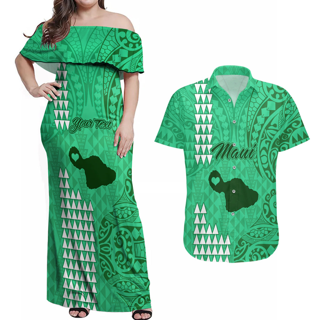 Personalised Maui Island Couples Matching Off Shoulder Maxi Dress and Hawaiian Shirt Kakau Tribal Mixed Polynesian Pattern Green LT9 Green - Polynesian Pride