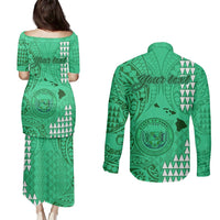Personalised Maui Island Couples Matching Puletasi Dress and Long Sleeve Button Shirts Kakau Tribal Mixed Polynesian Pattern Green LT9 - Polynesian Pride