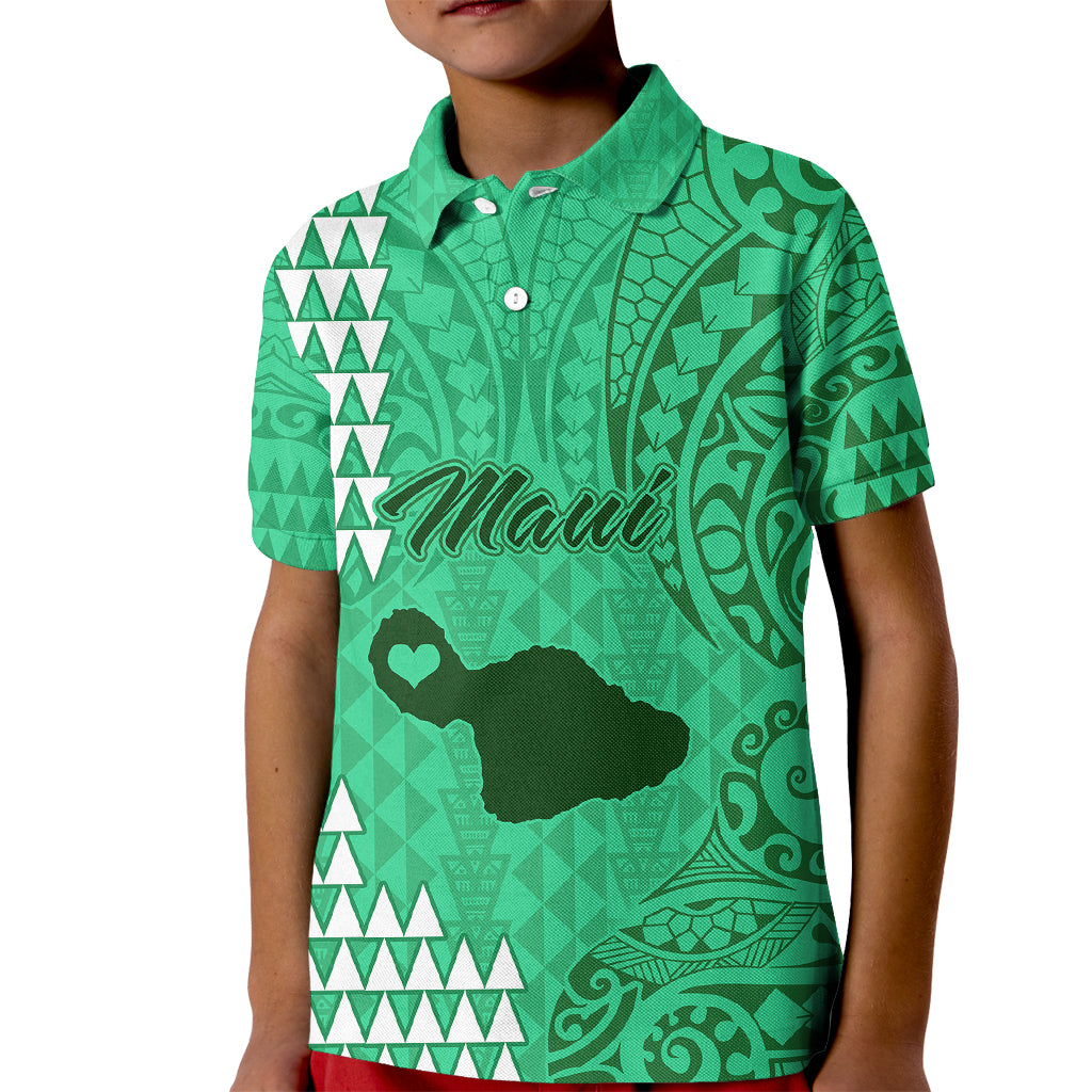 Personalised Maui Island Kid Polo Shirt Kakau Tribal Mixed Polynesian Pattern Green LT9 Kid Green - Polynesian Pride
