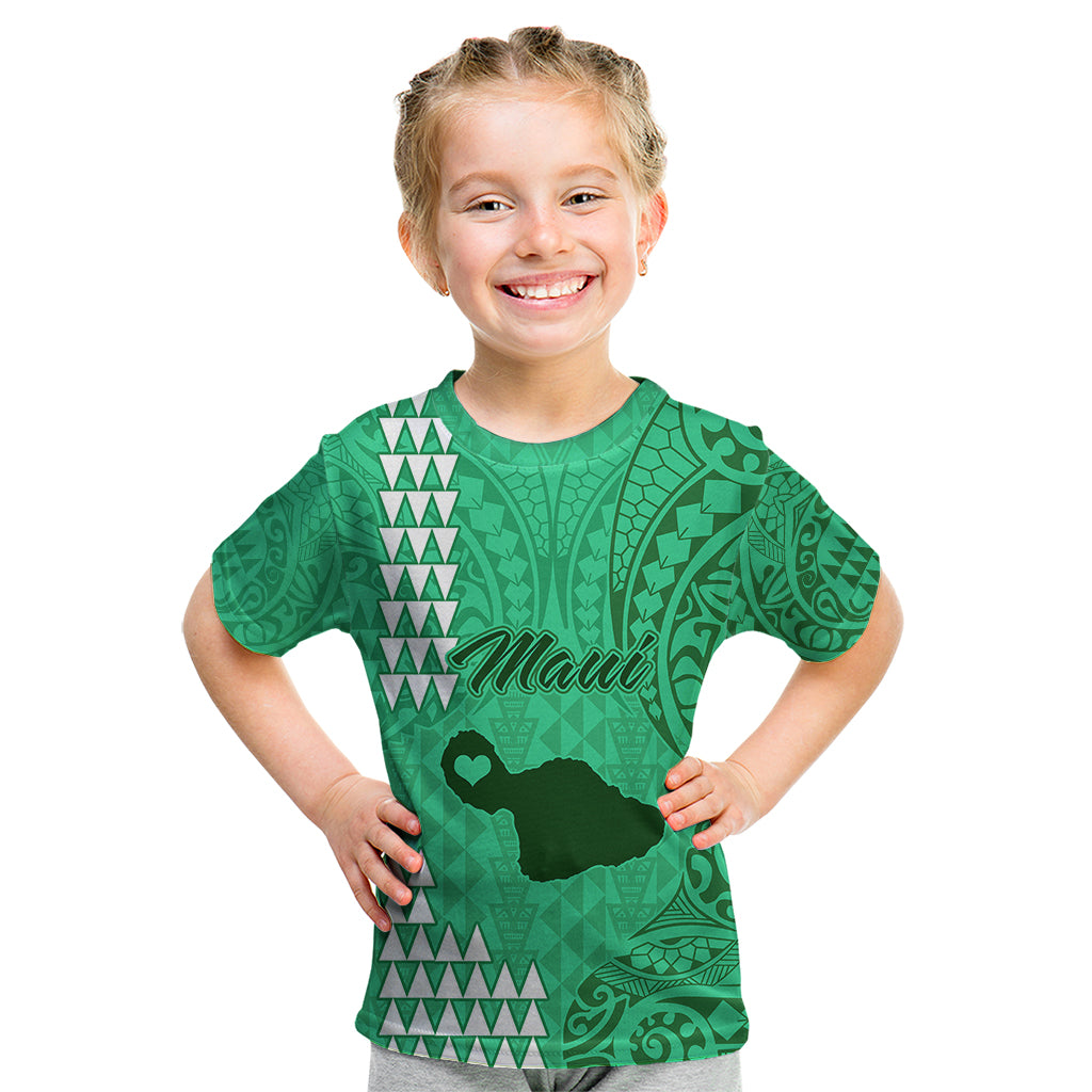 Personalised Maui Island Kid T Shirt Kakau Tribal Mixed Polynesian Pattern Green LT9 Green - Polynesian Pride