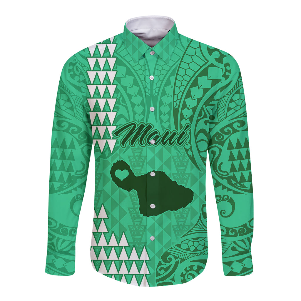 Personalised Maui Island Long Sleeve Button Shirt Kakau Tribal Mixed Polynesian Pattern Green LT9 Unisex Green - Polynesian Pride