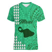 Personalised Maui Island Women V Neck T Shirt Kakau Tribal Mixed Polynesian Pattern Green LT9 Female Green - Polynesian Pride