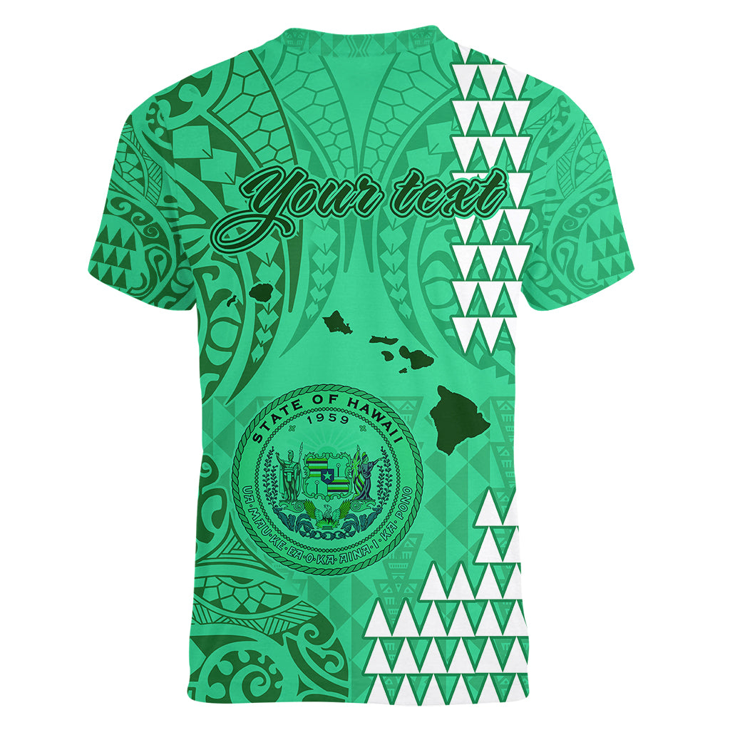 Personalised Maui Island Women V Neck T Shirt Kakau Tribal Mixed Polynesian Pattern Green LT9 - Polynesian Pride