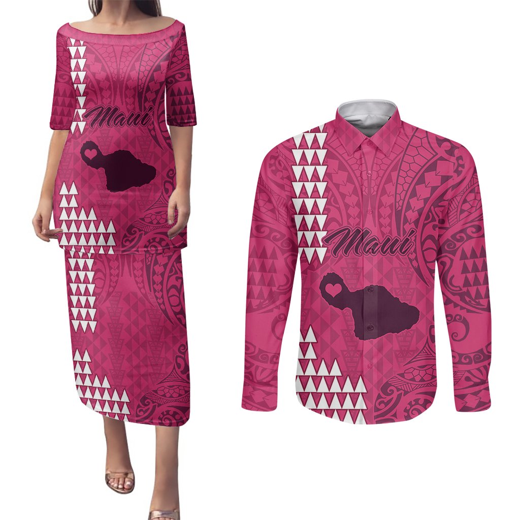 Maui Island Couples Matching Puletasi Dress and Long Sleeve Button Shirts Kakau Tribal Mixed Polynesian Pattern Pink LT9 Pink - Polynesian Pride