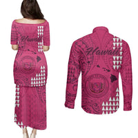 Maui Island Couples Matching Puletasi Dress and Long Sleeve Button Shirts Kakau Tribal Mixed Polynesian Pattern Pink LT9 - Polynesian Pride