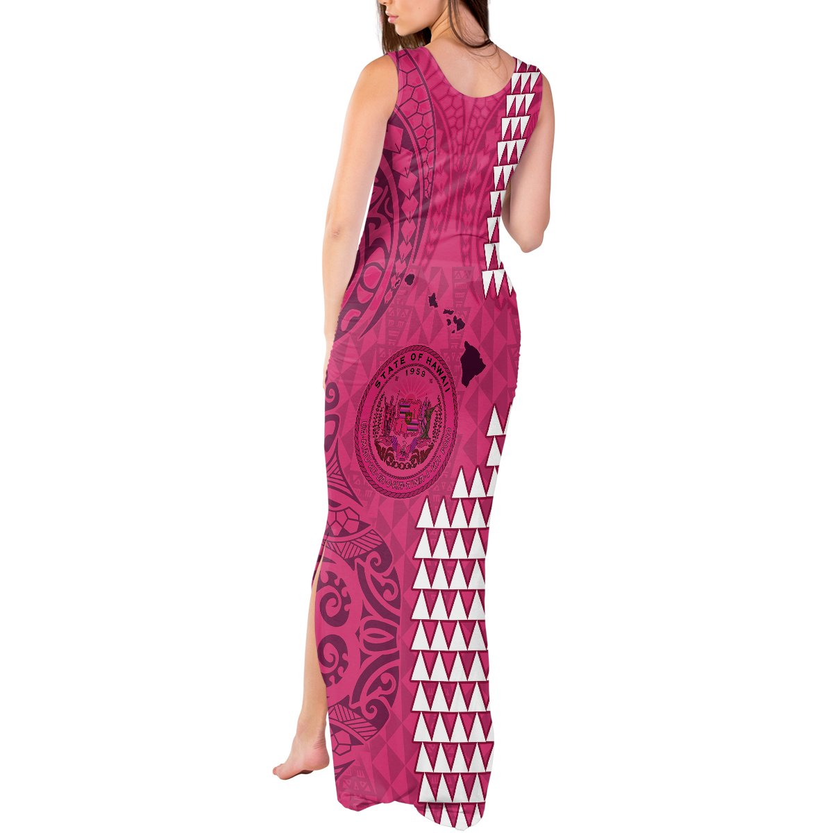 Maui Island Tank Maxi Dress Kakau Tribal Mixed Polynesian Pattern Pink LT9 - Polynesian Pride
