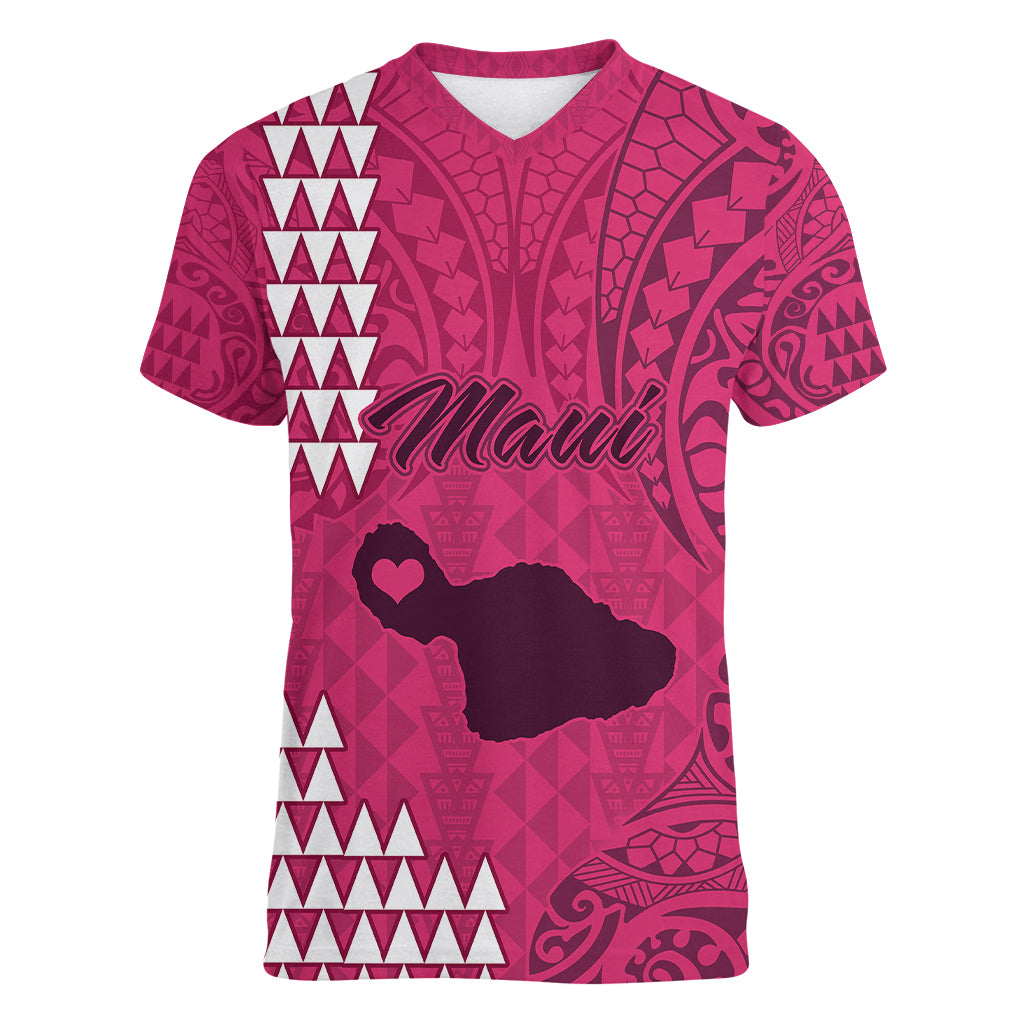 Personalised Maui Island Women V Neck T Shirt Kakau Tribal Mixed Polynesian Pattern Pink LT9 Female Pink - Polynesian Pride