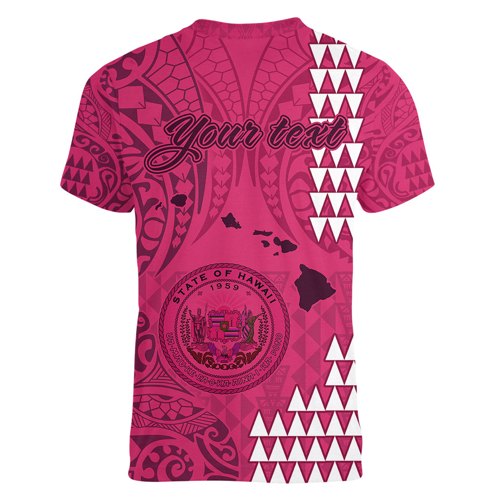 Personalised Maui Island Women V Neck T Shirt Kakau Tribal Mixed Polynesian Pattern Pink LT9 - Polynesian Pride