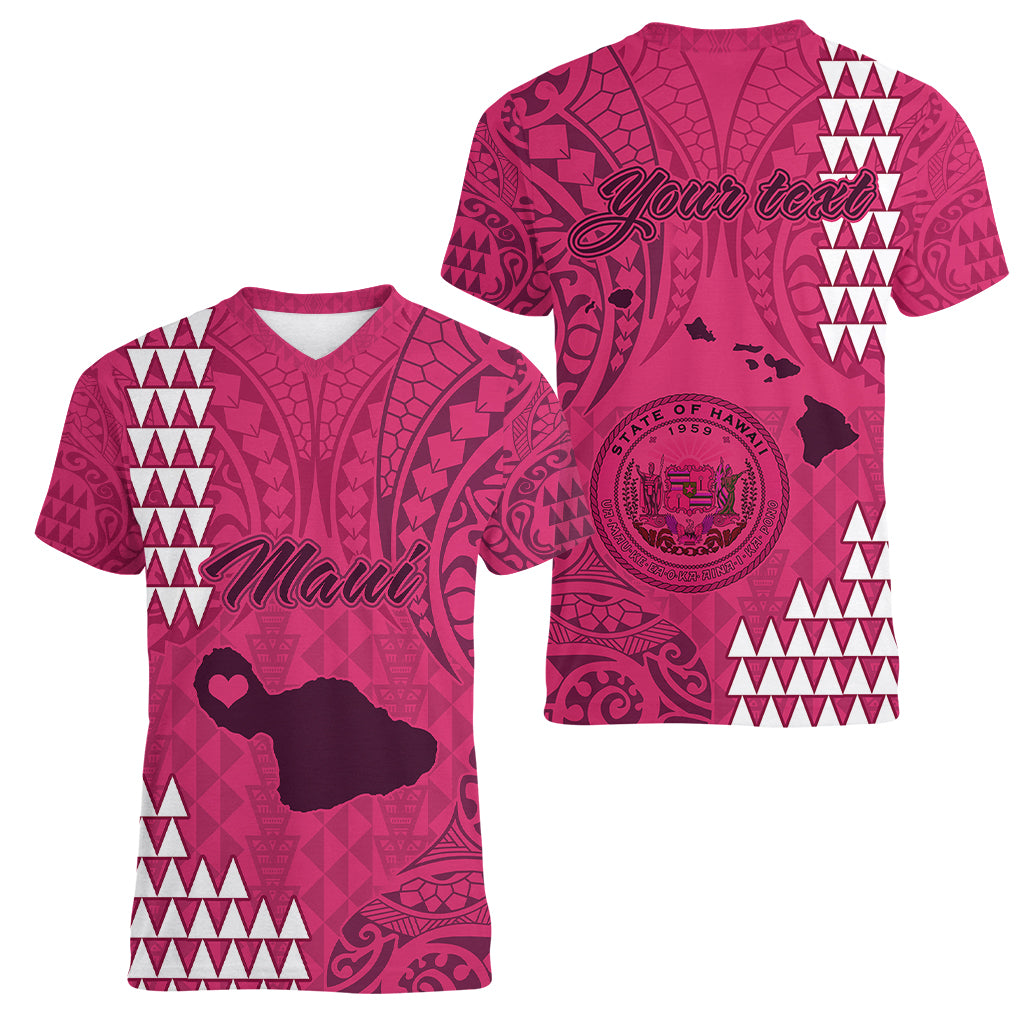 Personalised Maui Island Women V Neck T Shirt Kakau Tribal Mixed Polynesian Pattern Pink LT9 - Polynesian Pride